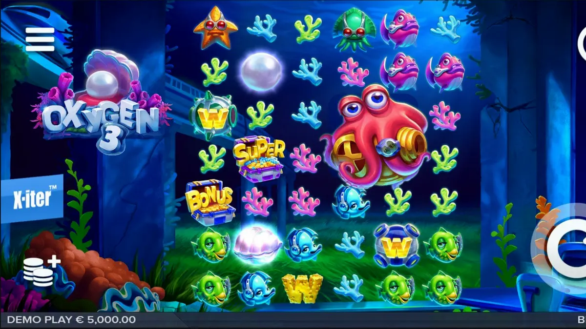 Tampilan visual slot Oxygen 3 dengan latar belakang reruntuhan bawah laut.